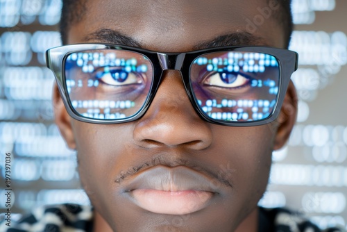 Close-up of a young dark-skinned adult with reflective code on glasses