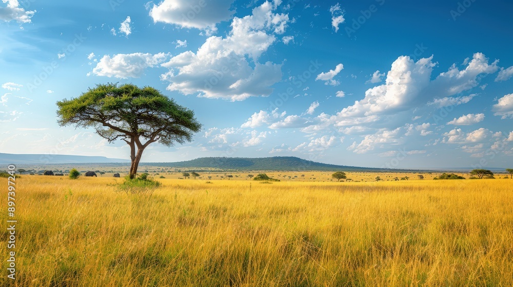 Serene African Savanna Landscape with Lone Acacia Tree Serene African Savanna Landscape with Lone Acacia Tree