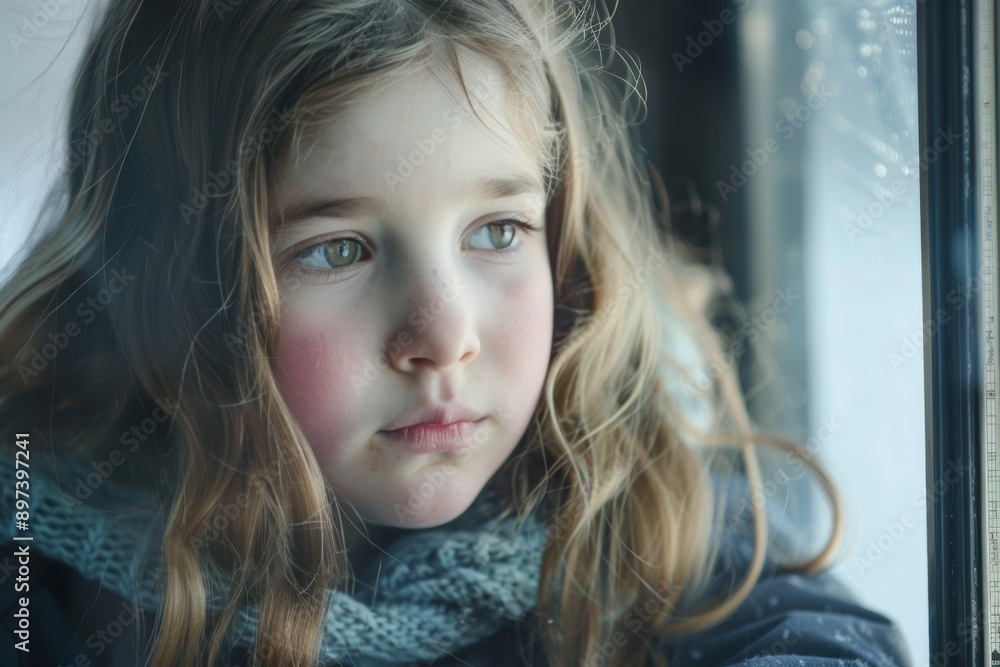 Contemplative young girl gazing out a frosty window Contemplative young girl gazing out a frosty window