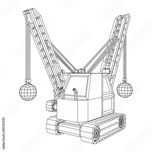 Wrecking ball excavator, demolition crane machine. Wireframe low poly mesh vector illustration