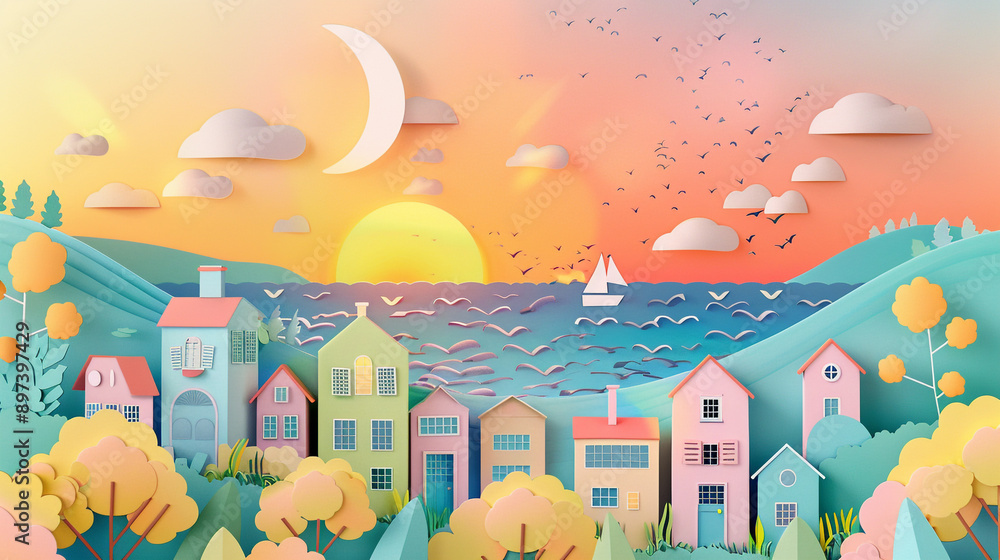 Fototapeta premium Urban countryside landscape city village and sea bay with sunset. Paper art craft style