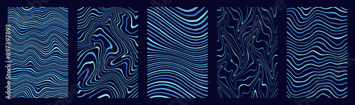 Hand drawn groovy abstract 4-color backgrounds, rectangle patterns set. Blue marbled stains templates collection. Sea water stains, waves, distorted curved uneven stripes, fluid wavy organic lines. 