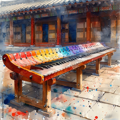 A watercolor painting of a traditional Korean gayageum photo