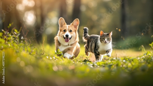 The dog and the cat outdoors