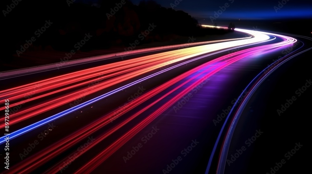 Long exposure photography of a highway at night with red and blue light trails from passing cars Long exposure photography of a highway at night with red and blue light trails from passing cars