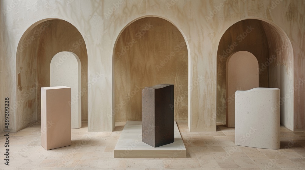 Minimalist art gallery interior with abstract pedestals Minimalist art gallery interior with abstract pedestals