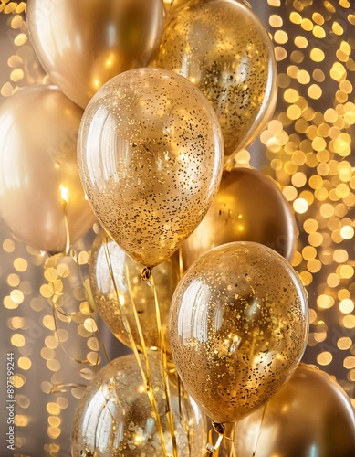 Gold balloons as soft bokeh circles. Gold balloon. Shiny gold balloons reflecting. Bokeh and glamour Defocused celebration background. Photorealistic approach Hyper-realistic celebration scene.