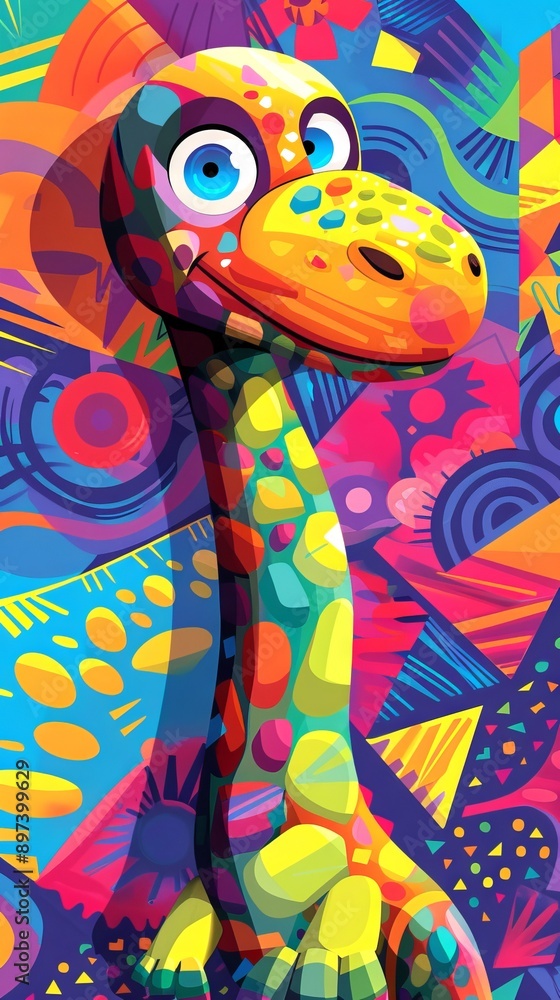 A digital illustration of a cartoon-style dinosaur toy, adorned with vibrant colors and abstract patterns. Concept of playful design, children's toys, modern art, and creative imagination. Vertical A digital illustration of a cartoon-style dinosaur toy, adorned with vibrant colors and abstract patterns. Concept of playful design, children's toys, modern art, and creative imagination. Vertical