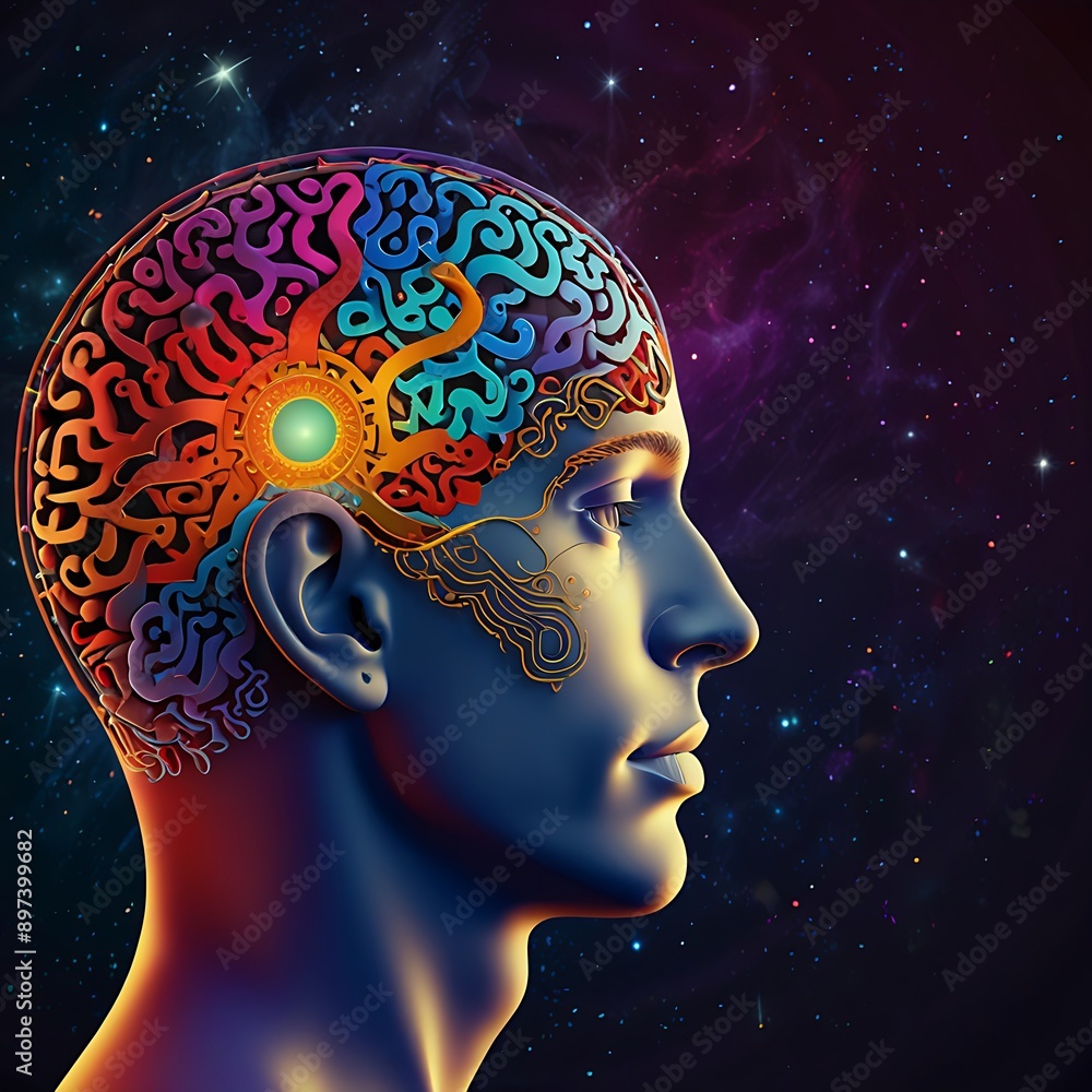 Head profile with colorful brain, intricate gold mechanisms and starry background suitable for neuroscience, technology, creativity, innovation concepts. 9 Head profile with colorful brain, intricate gold mechanisms and starry background suitable for neuroscience, technology, creativity, innovation concepts. 9