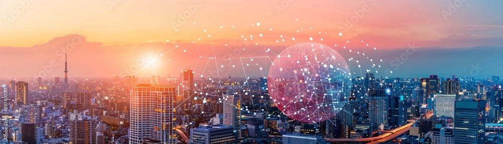 3D urban environment at dawn with a vibrant pink and teal digital sphere floating above the city lights emphasizing global innovation and technology 3D urban environment at dawn with a vibrant pink and teal digital sphere floating above the city lights emphasizing global innovation and technology