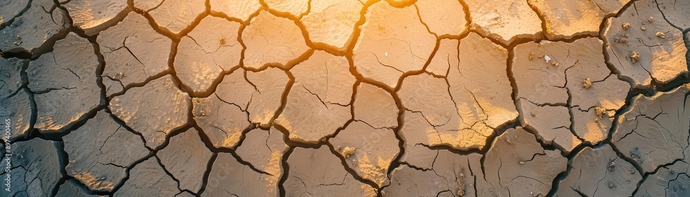 Close-up of cracked dry earth illuminated by sunlight, showcasing natural textures and environmental impact of drought. Close-up of cracked dry earth illuminated by sunlight, showcasing natural textures and environmental impact of drought.