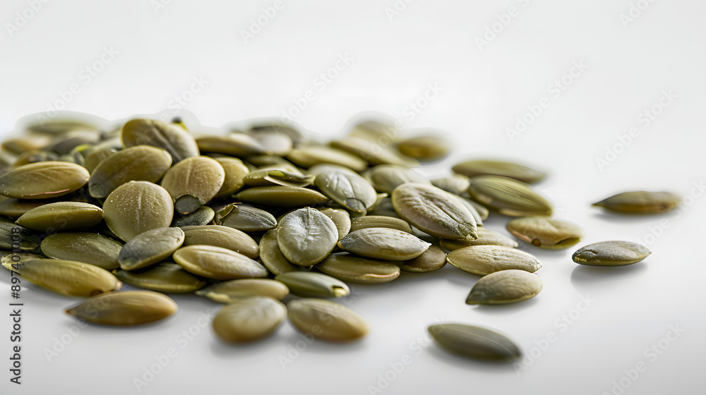 olive-green pumpkin seeds on a white surface olive-green pumpkin seeds on a white surface