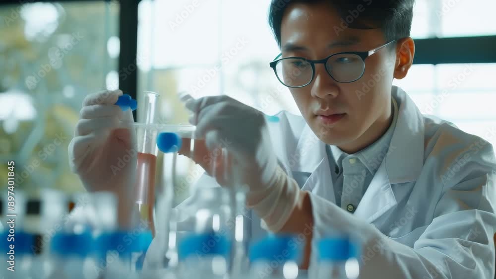 Scientist in a laboratory examining test tubes filled with samples. Focus on scientific research and laboratory work Scientist in a laboratory examining test tubes filled with samples. Focus on scientific research and laboratory work