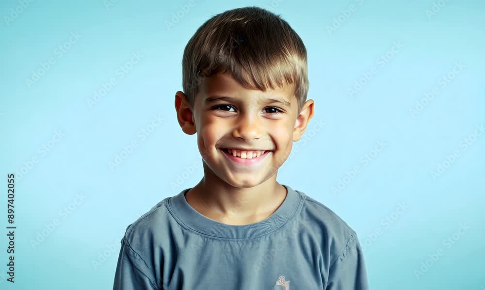 Portrait of a smiling little boy looking at camera over blue background Portrait of a smiling little boy looking at camera over blue background