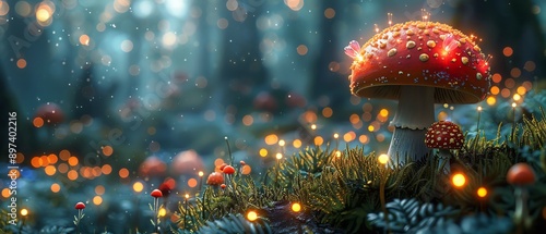 Magical forest with glowing mushrooms and fairies, ample copy space photo