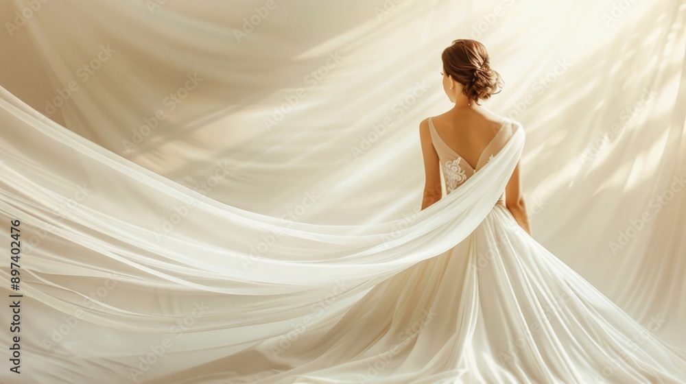 A bride in a flowing white gown stands with her back to the camera in a minimalist setting. Concept of bridal fashion, elegance, and minimalism. Copy space A bride in a flowing white gown stands with her back to the camera in a minimalist setting. Concept of bridal fashion, elegance, and minimalism. Copy space