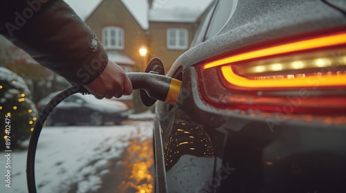 Person charging electric car at home during snowy winter evening. Close-up view of plug connection with illuminated taillight. photo