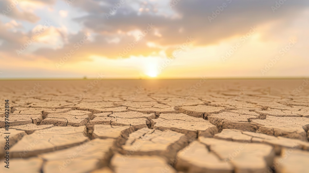 A desolate, cracked desert landscape under a warm, golden sunset, highlighting the effects of extreme drought and climate change. A desolate, cracked desert landscape under a warm, golden sunset, highlighting the effects of extreme drought and climate change.
