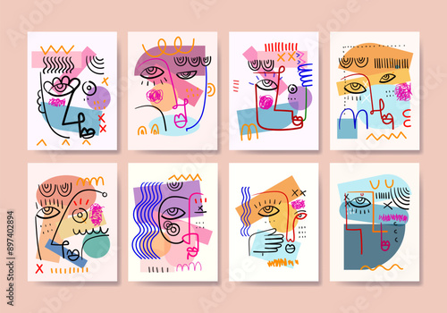Set of aesthetic abstract face portrait geometric, doodle, line art hand drawn vector illustration wall art.