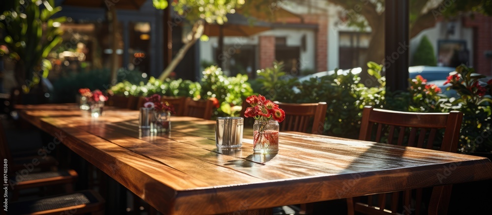 Obraz premium Empty outdoor restaurant table inside window