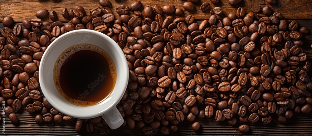 Espresso in mug cup with roasted coffee beans. top view. Wooden table background Espresso in mug cup with roasted coffee beans. top view. Wooden table background
