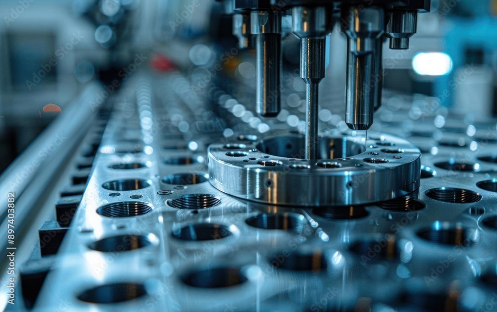 Close-up of a CNC machine operating, drilling metal components. Precision engineering in a modern industrial manufacturing setting. Close-up of a CNC machine operating, drilling metal components. Precision engineering in a modern industrial manufacturing setting.