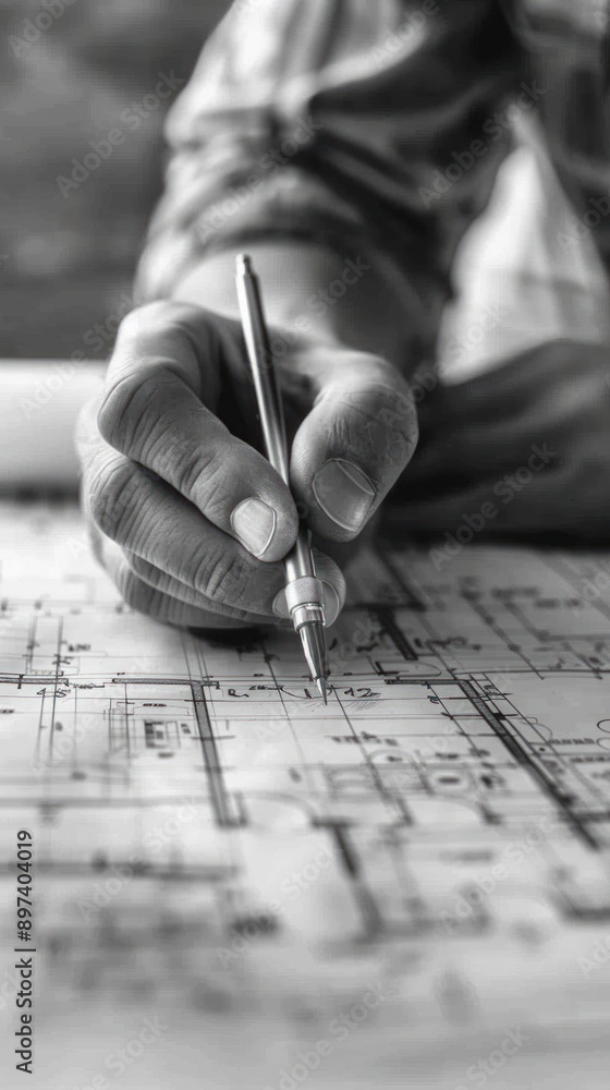 Close-up of an architect's hand drawing a detailed blueprint with a pen. Black and white image highlighting precision and creativity. Close-up of an architect's hand drawing a detailed blueprint with a pen. Black and white image highlighting precision and creativity.