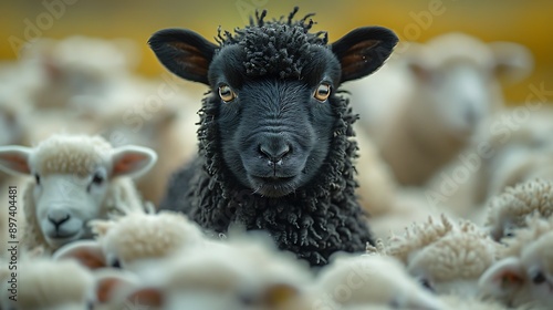 A charming and clear image of a black sheep surrounded by white sheep in a peaceful meadow.  photo