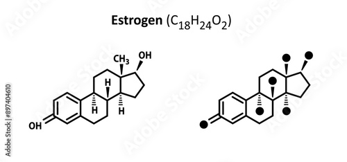 Estrogen, estetrol structure C18H24O2 Sex hormone formula chemical structure molecule. Medical icon. Formula of chemical structure of estrogen, adrenaline testosterone. Structural formulas cells.