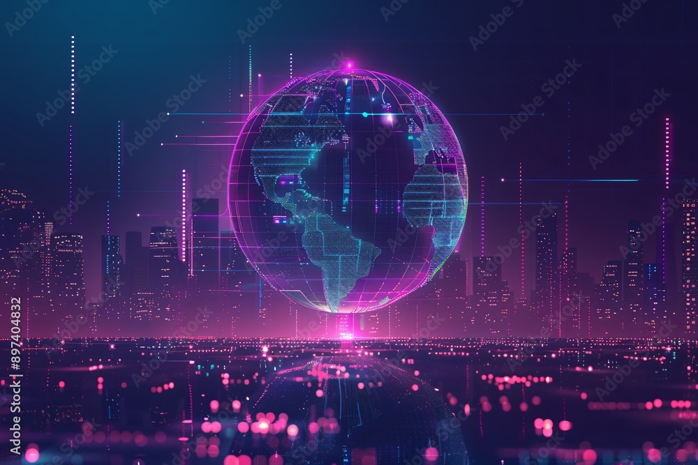 High tech 3D city at dawn featuring a neon purple and teal digital globe symbolizing advanced technology and global communication with the city illuminated below High tech 3D city at dawn featuring a neon purple and teal digital globe symbolizing advanced technology and global communication with the city illuminated below