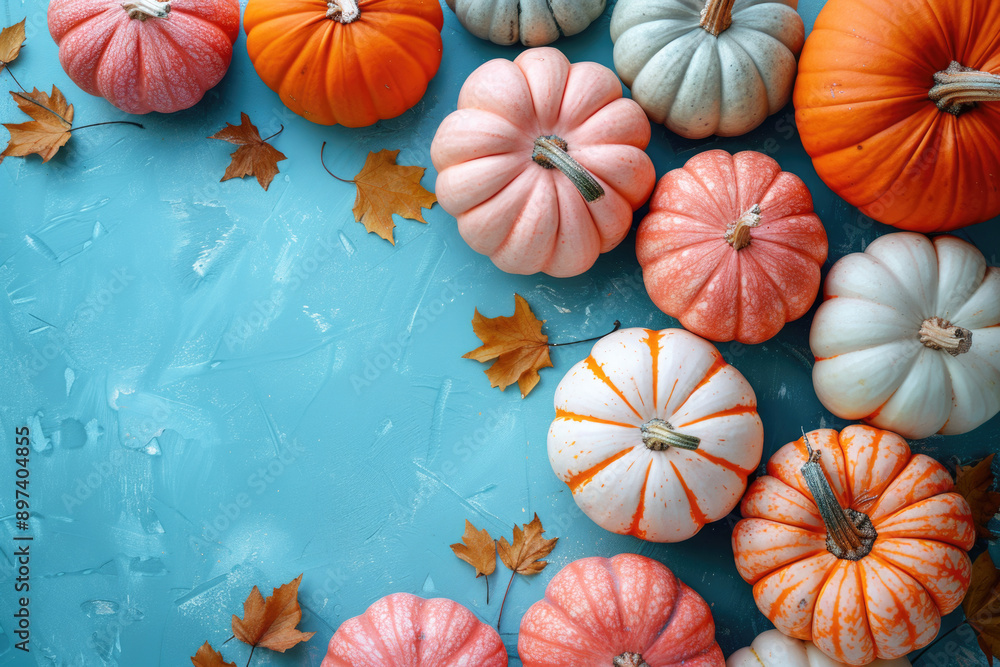 Colorful pumpkins on a blue background. Autumn, Thanksgiving festive background with space for text. Colorful pumpkins on a blue background. Autumn, Thanksgiving festive background with space for text.