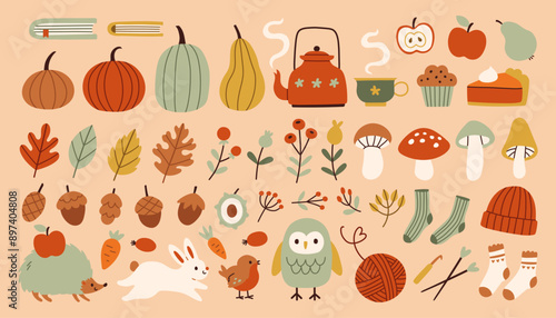 Simple autumn cozy set. Fall hand drawn vector collection. Fall season cozy elements clipart bundle isolated