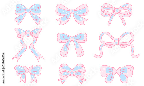 Set with bow ribbon. Set, collection of cute bows for girls. Cute coquette bow collection vector, romantic ribbon bow