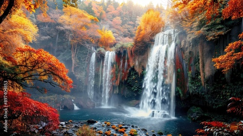 Autumn Waterfall in a Lush Forest