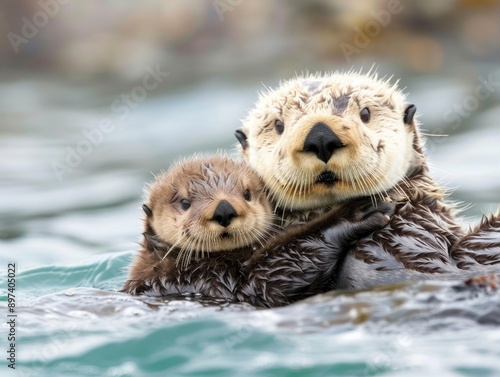 Sea Otter Family Moment in the Ocean