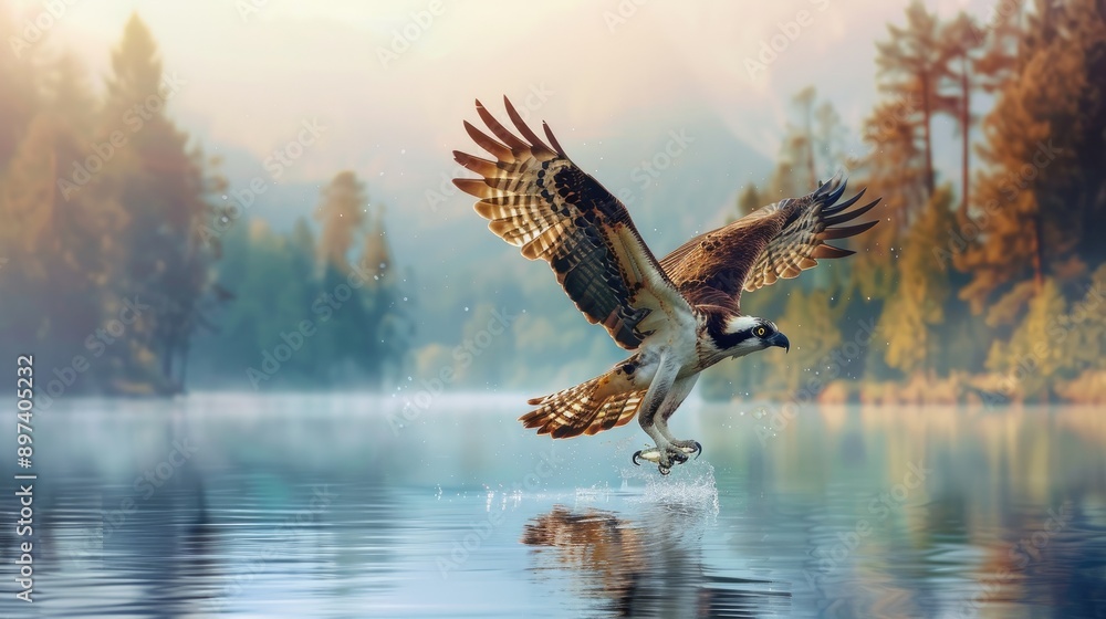Obraz premium Majestic osprey diving into a lake to catch fish, showcasing its hunting prowess and the beauty of nature