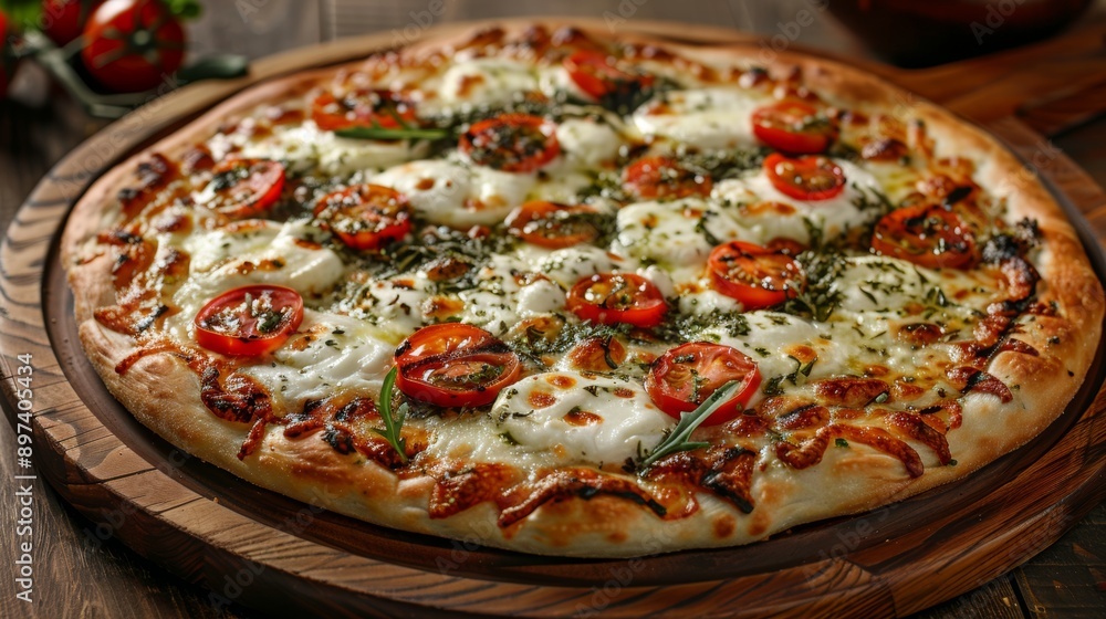 food photography, delicious grilled pizza topped with mozzarella and cherry tomatoes on a wooden tray, perfect for showcasing your advertising message food photography, delicious grilled pizza topped with mozzarella and cherry tomatoes on a wooden tray, perfect for showcasing your advertising message