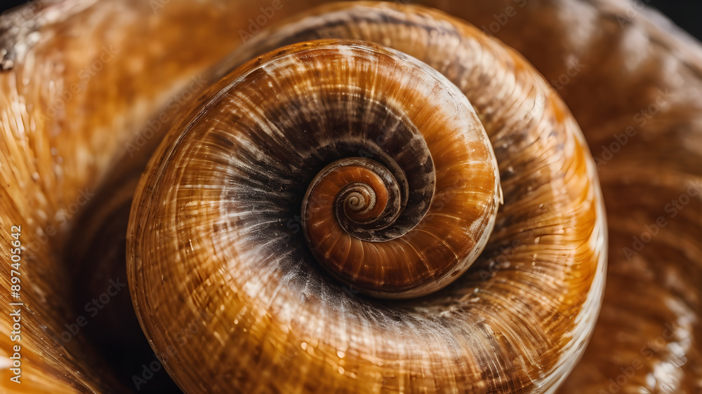 Close-up of a snail shell with spiral pattern. Generative AI Close-up of a snail shell with spiral pattern. Generative AI