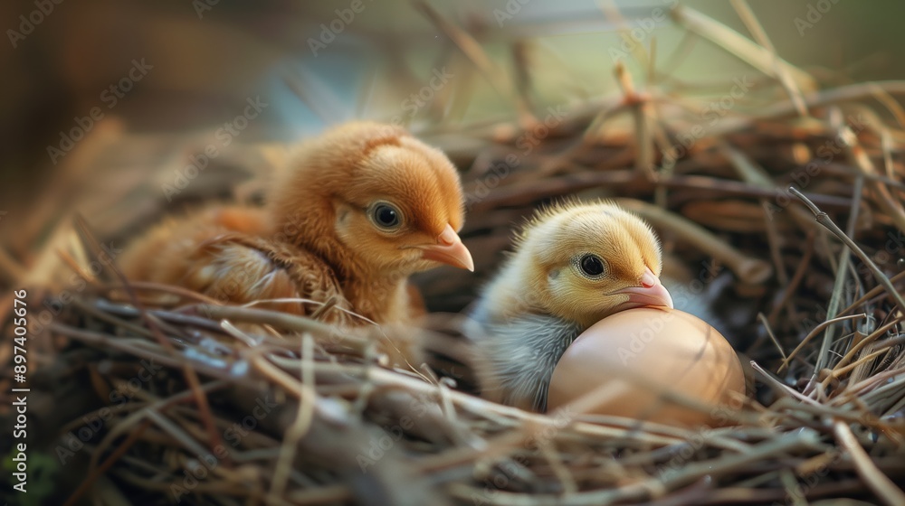 Obraz premium Baby Animals: Adorable chick hatching from egg in cozy nest. Capturing the miracle of new life as fluffy yellow bird emerges, symbolizing birth, growth, and the natural cycle of springtime renewal.