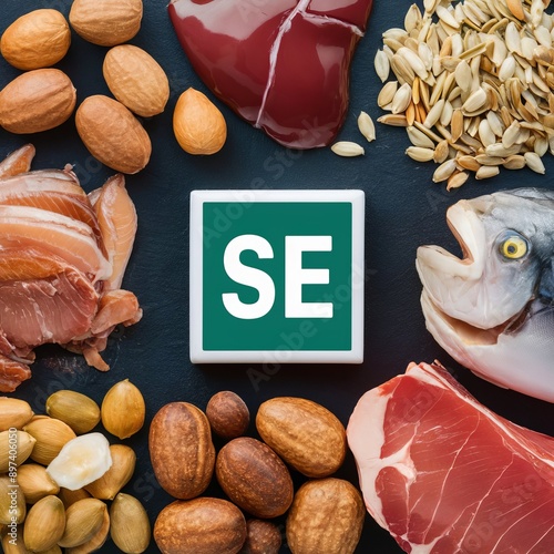 Sign of the chemical element selenium and foods that contain it: meat, fish, nuts, pumpkin seeds. Realistic colorful still life about healthy eating	 photo