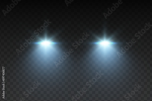 Cars light effect. White glow car headlight bright beams ray isolated on transparent background
