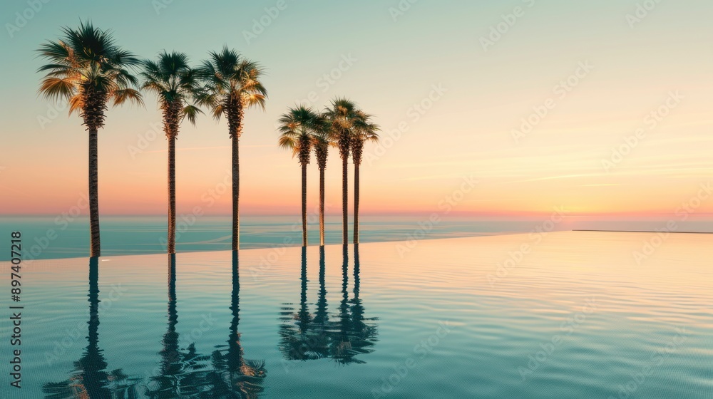 Obraz premium Palm Trees Reflecting in a Pool at Sunset