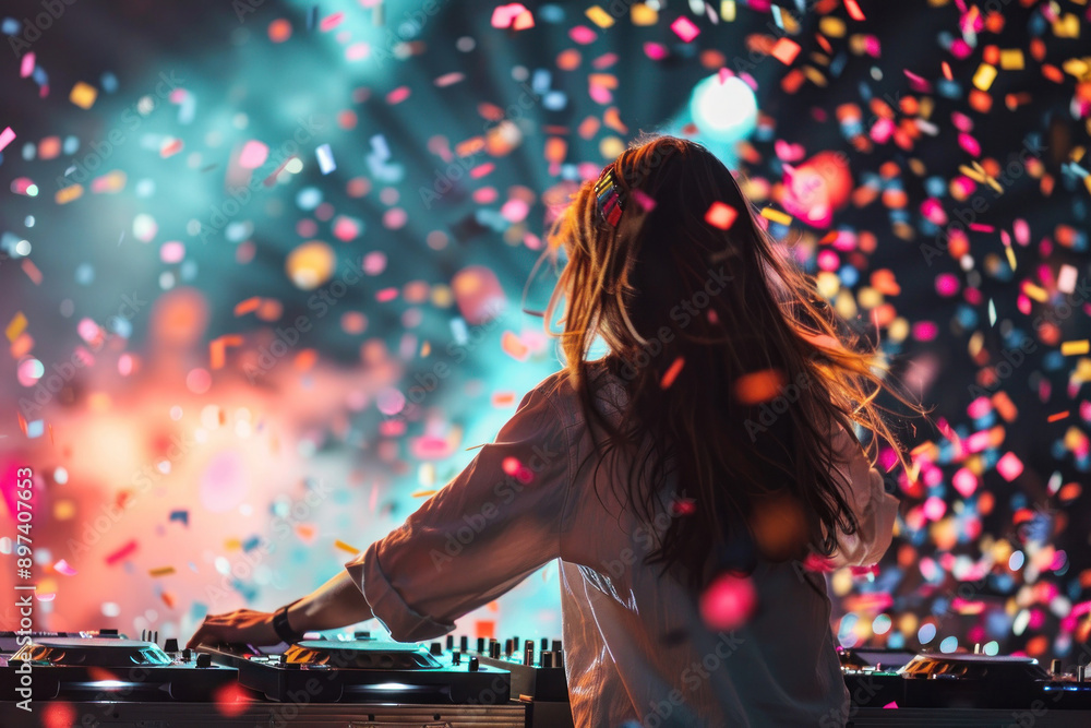 DJ performing at vibrant live event with confetti flying. DJ performing at vibrant live event with confetti flying.