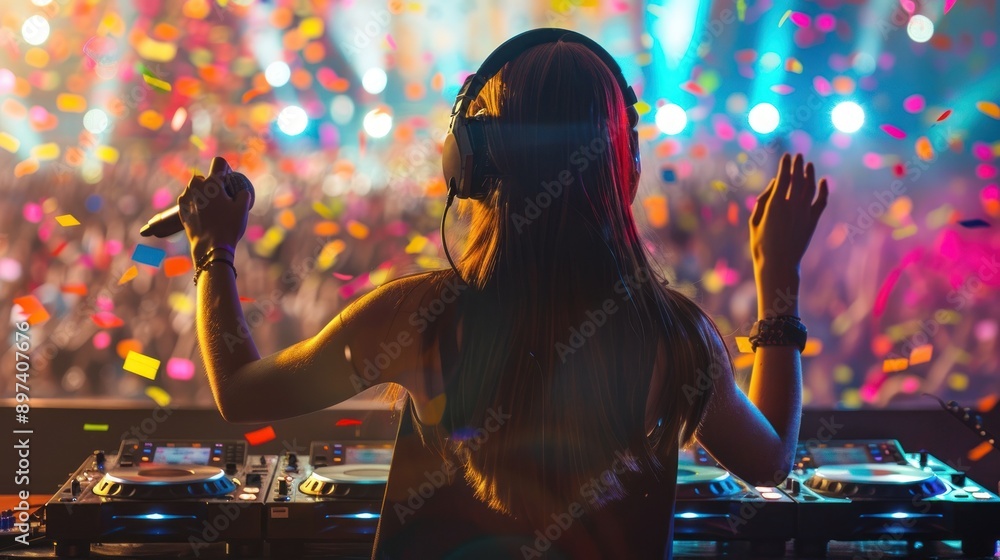 DJ with microphone and headphones on stage with confetti