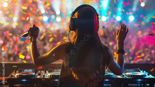 DJ with microphone and headphones on stage with confetti