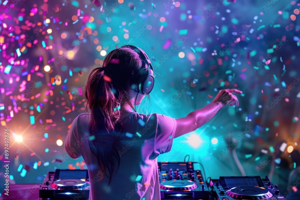 Young girl DJs with colorful confetti raining down. Young girl DJs with colorful confetti raining down.