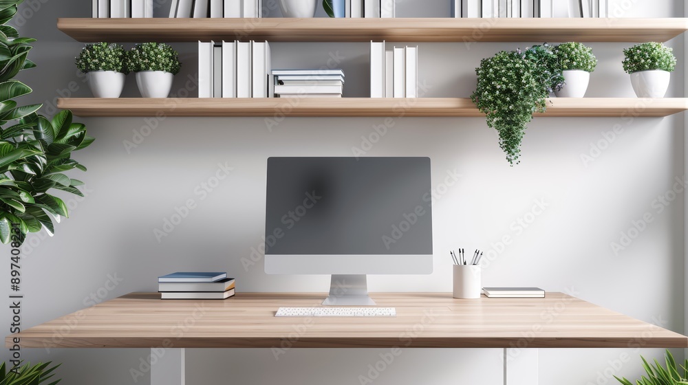 A home office with a wooden desk, a computer, and neatly organized shelves filled with books, with copy space, high-resolution photo, realistic photo, hyper realistic A home office with a wooden desk, a computer, and neatly organized shelves filled with books, with copy space, high-resolution photo, realistic photo, hyper realistic