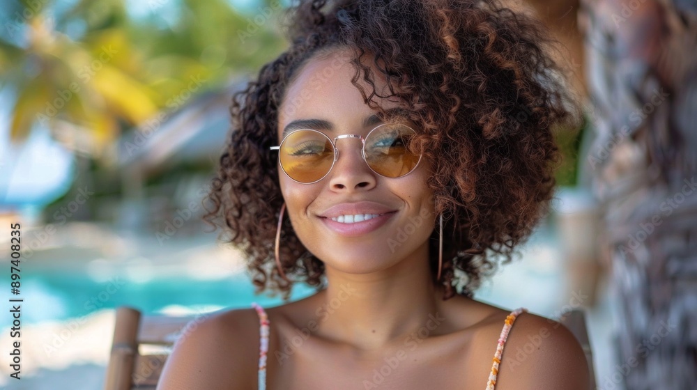 Portrait of happy young black woman relaxing on wooden deck chair at tropical beach while looking at camera wearing spectacles. Smiling african american girl with fashion sunglasses enjoying vacation. Portrait of happy young black woman relaxing on wooden deck chair at tropical beach while looking at camera wearing spectacles. Smiling african american girl with fashion sunglasses enjoying vacation.