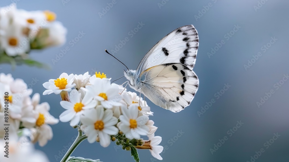 Delicate white butterfly with vibrant orange wings gathers nectar from a colorful summer flower in a sunlit garden Delicate white butterfly with vibrant orange wings gathers nectar from a colorful summer flower in a sunlit garden
