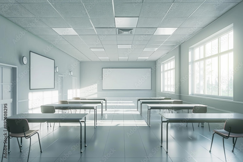 Sun shining through windows of a modern classroom interior with empty desks and a whiteboard Sun shining through windows of a modern classroom interior with empty desks and a whiteboard